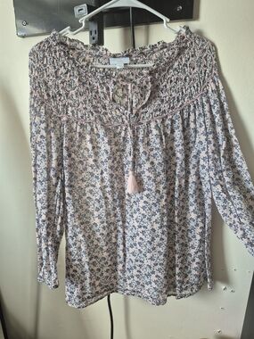 J. Jill Pink and Blue Floral Smocked Peasant Blouse